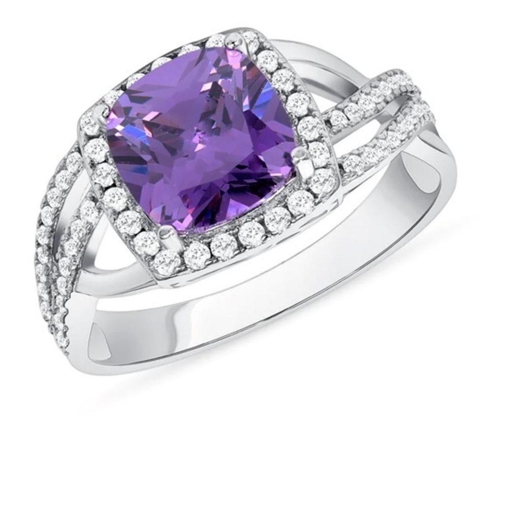 Silver 925 Rhodium Plated Purple cushion cut Center Halo CZ Engagement Ring